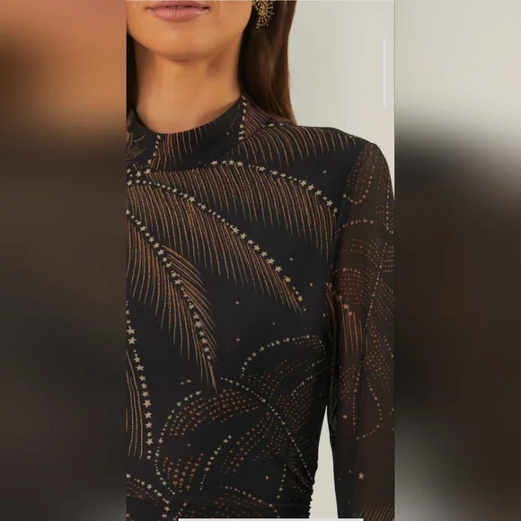 Farm Rio Black Golden Foliage Tulle Midi Dress - Picture 13 of 15